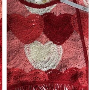 House of Harlow 1960 Red and Pink Heart crochet Sweater with fringe bottom